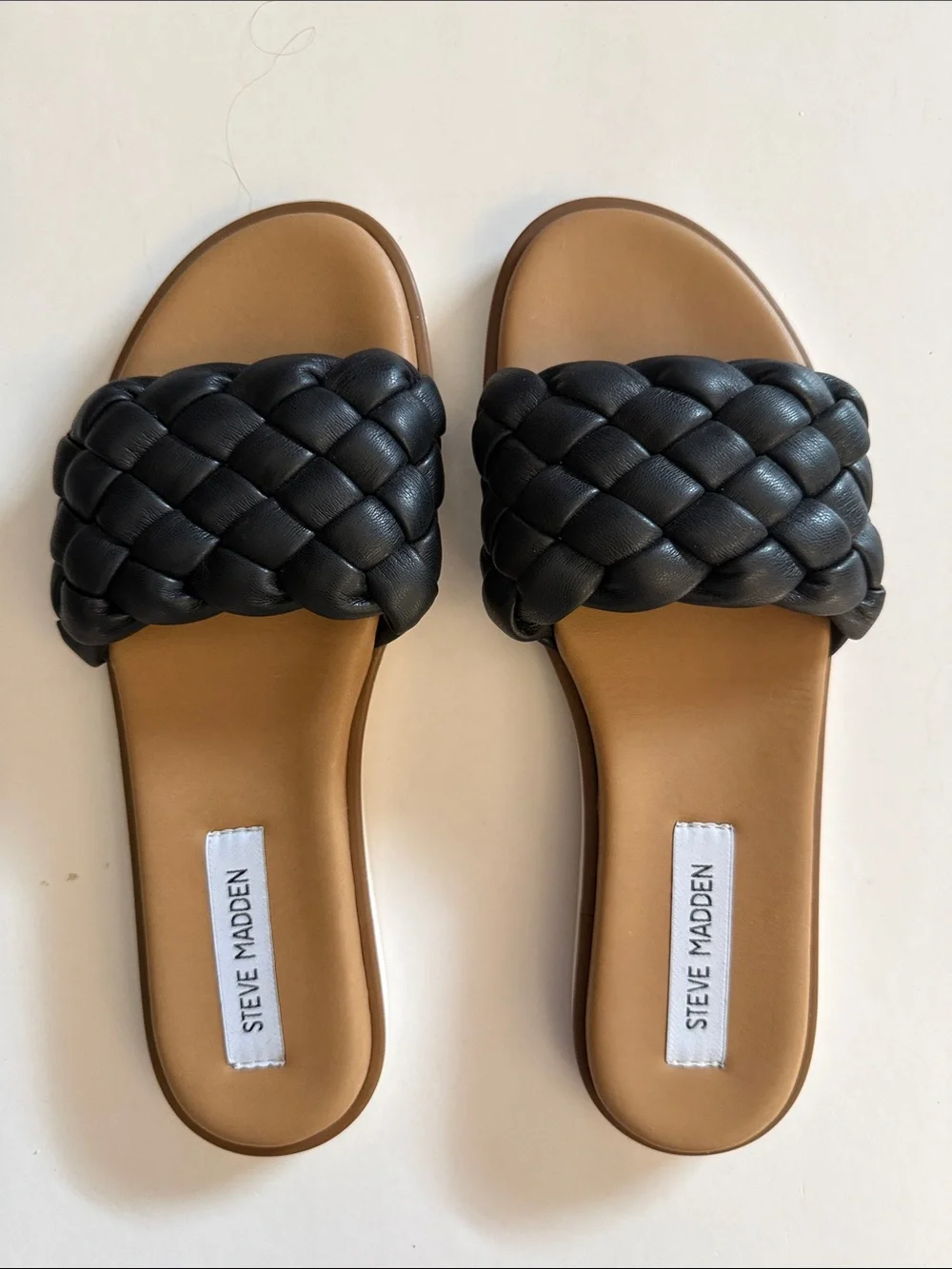 STEVE MADDEN PAISLEE BLACK BRAIDED SLIDE SANDALS, 9